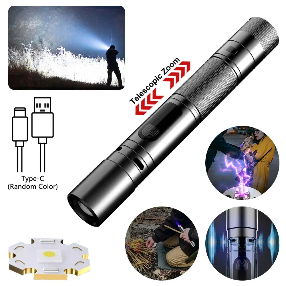 Multifunctional Rechargeable Flashlight Flashlight with Arc Lighter and Alarm High Lumens 3 in 1 Powerful Tactical Flashlight