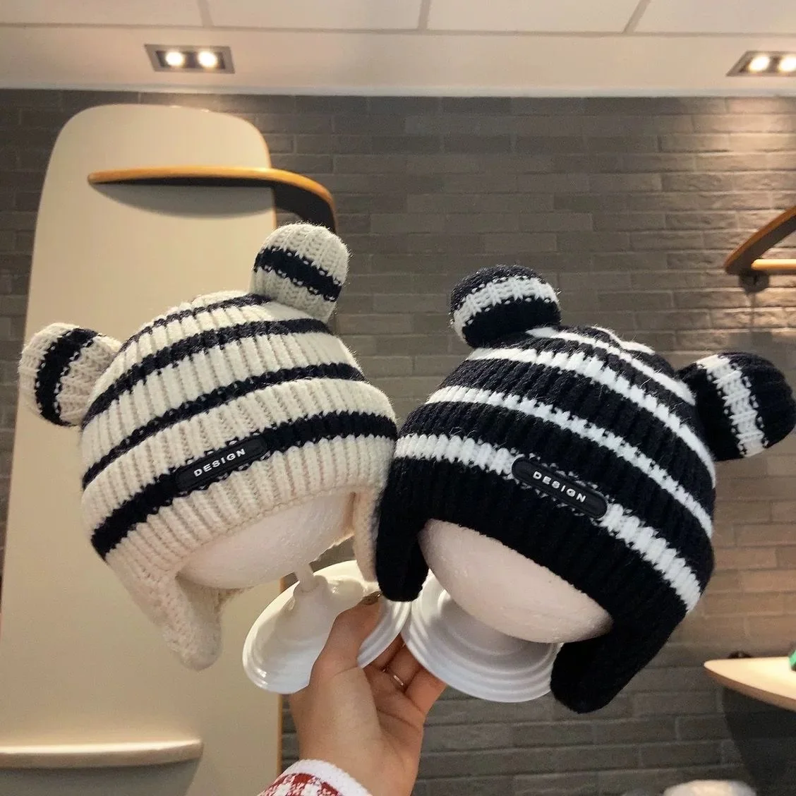 Classic striped children's ear protection cap fall and winter models baby knitted wool cap men and girls fashion warm pullover c