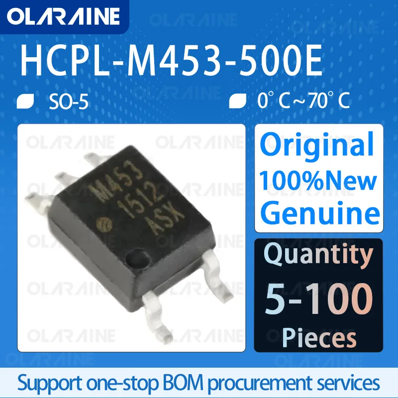 5/10/100Pcs HCPL-M453-500E SOIC-5 High-speed optocoupler 1ChannelData rate 1Mb/s Insulation voltage 3750 Vrms If -25 mA Vf -1.5V