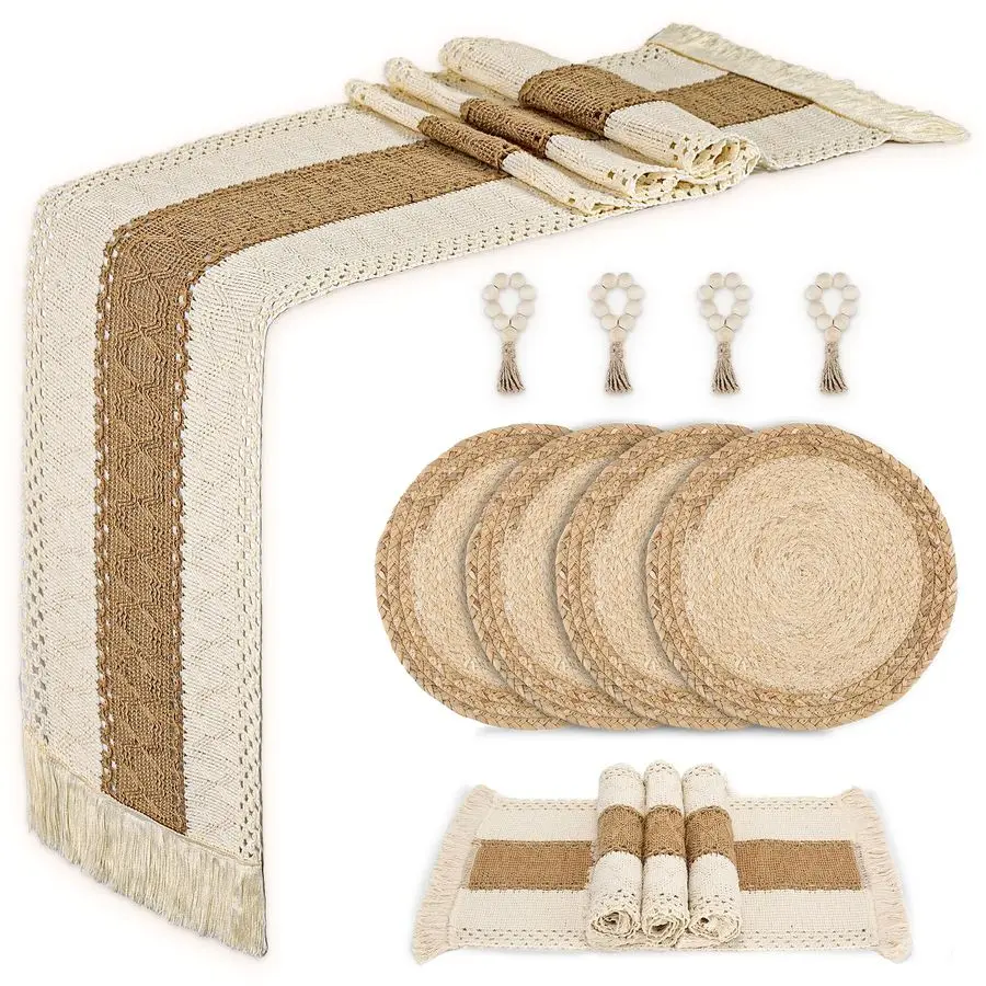 

Set of 4 with Charger Plates Table Mats Table Runner and Napkin Rings,Made of Natural Cotton Burlap and Corn Husk,NonSlip HeatRe