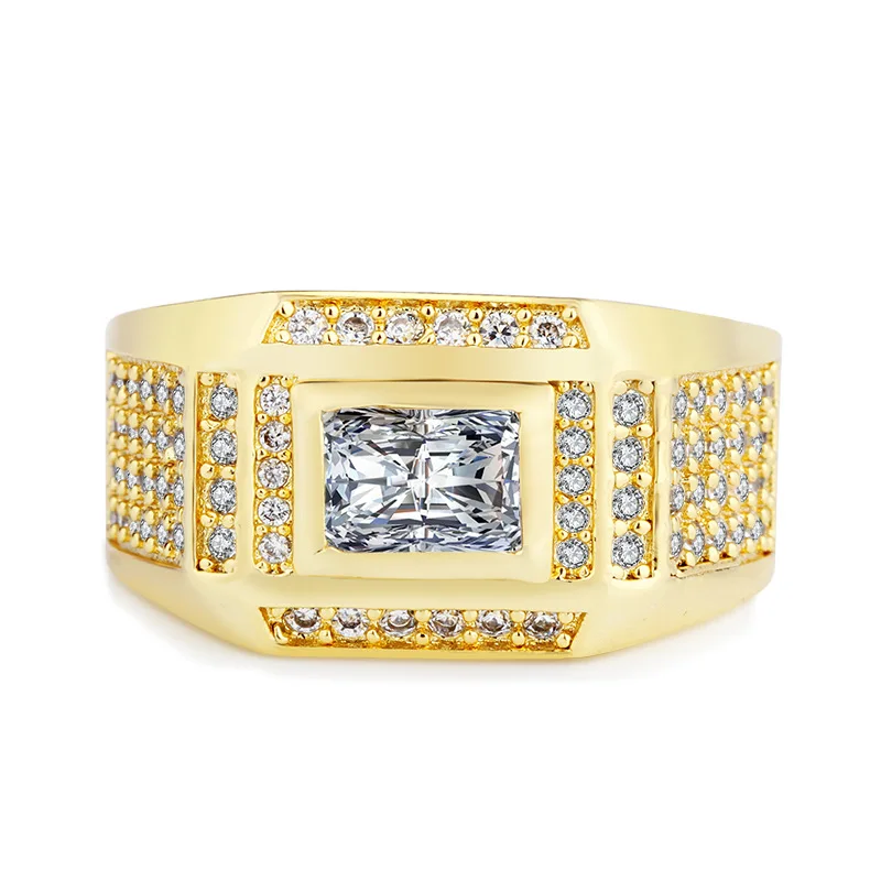 Vintage 925 Sterling Silver Bling Crystal Filled Gold Color Signets Rings for Men Fashion Jewelry Gift Wedding Ring Size 7-12