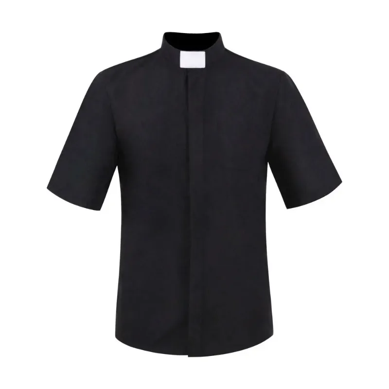 

Mens Priest Cosplay Shirt Black Catholic Church Pastor Roman Collars Uniform Minister Preacher Tops Halloween Costume for Man