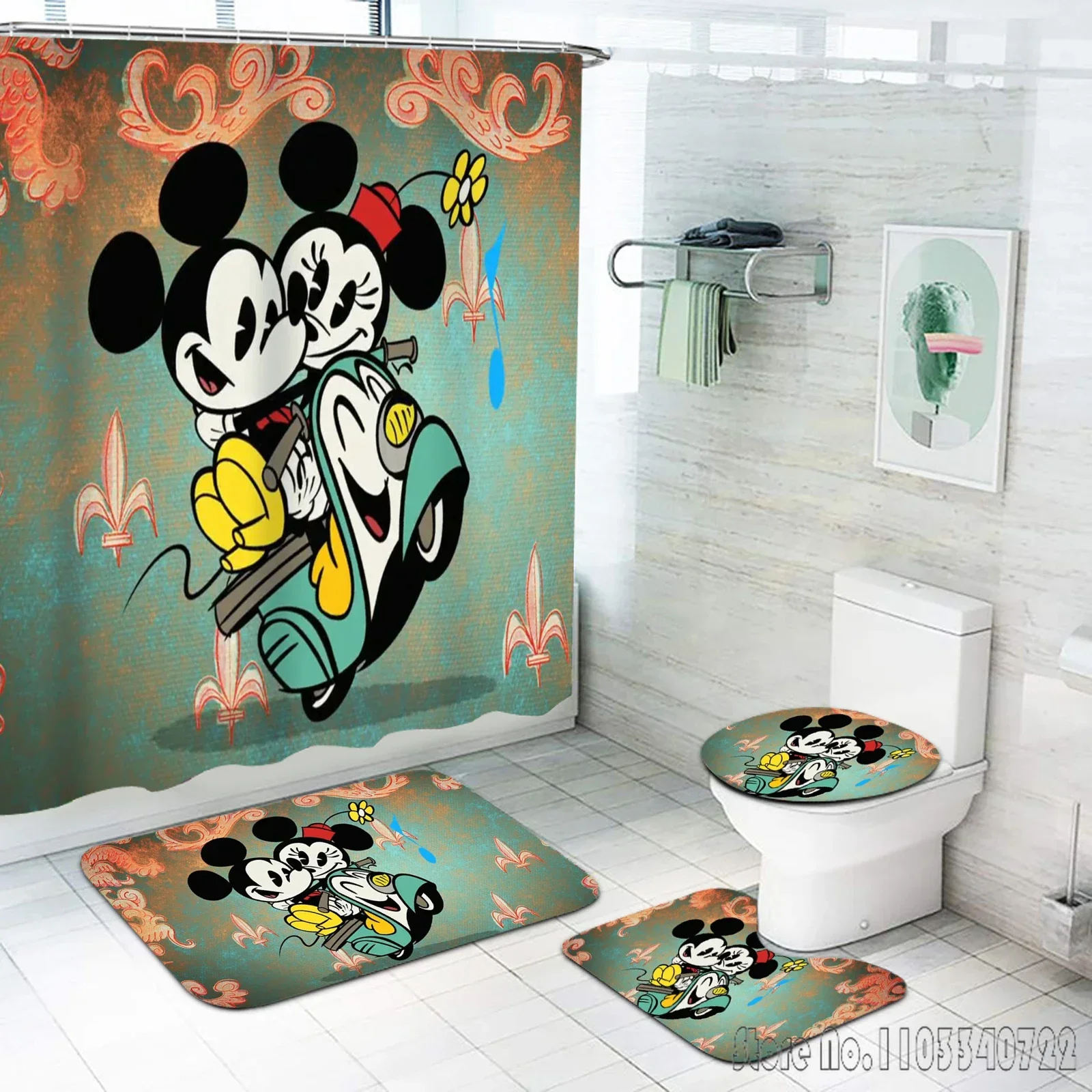 Mickey Mouse Disney Bath Shower Curtain Set 4pcs with Hooks Waterproof Bathroom Toilet Mat Lid Decor