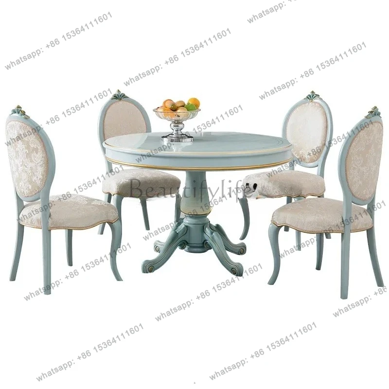 

French Pastoral Style, Dining Table And Chair Combination, Jacquard Fabric, Gold Engraving, European Style Dining Table