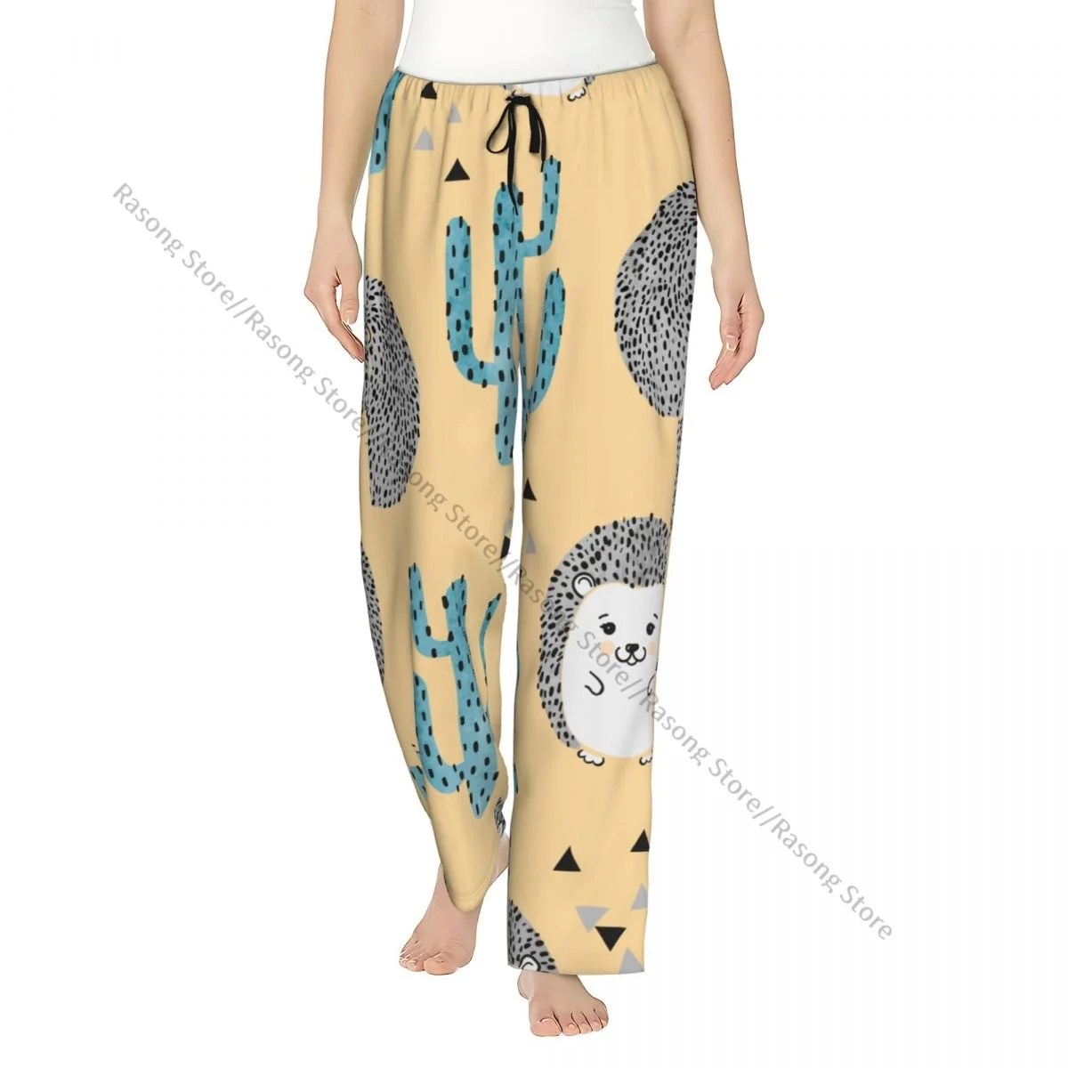 

Women Flannel Lounge Pants Soft Cute Watercolor Hedgehog And Cactus Pajama Pants Winter Sleepwear