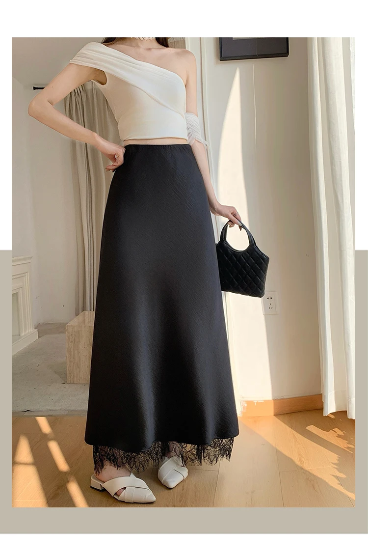 2026 Sommer Herbst Neuer Schlanker Hochwertiger Modischer Halbrock Eleganter Spitzenbesatz Satin Seitenschlitz Damen Midi-Rock – Detail 31