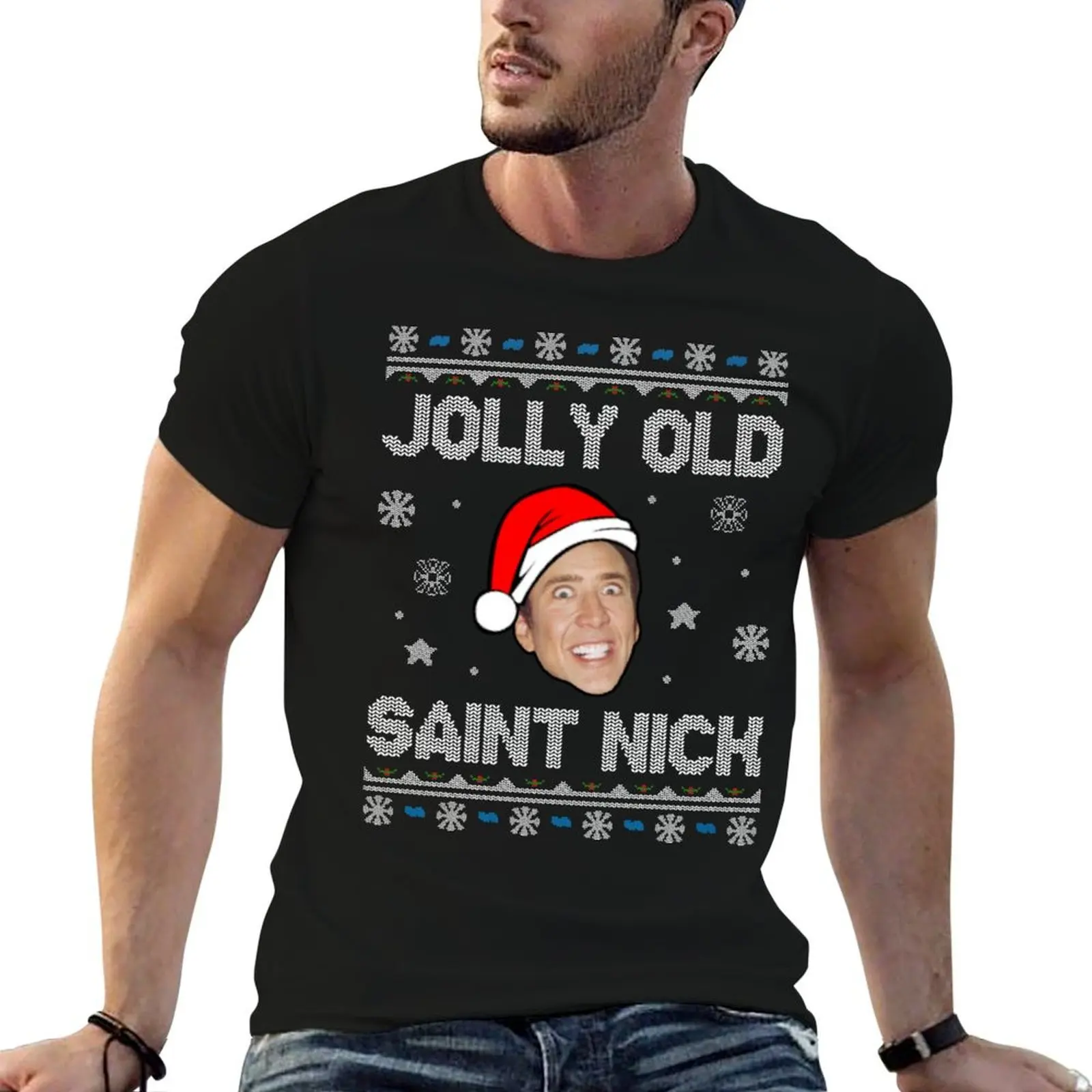 Camiseta navideña Jolly Old Saint Nick Nicolas Cage, camiseta para hombre, camiseta de algodón pesado, camiseta de diseñador para hombre