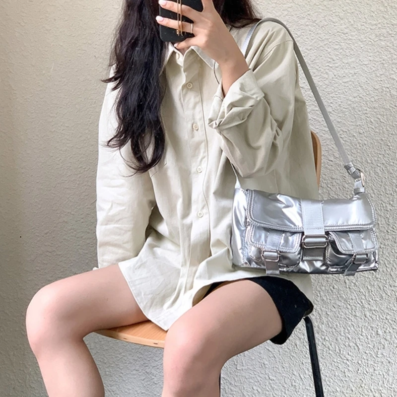 Versatile Silver Shoulder Bag PU Underarm Bag Handbag Perfect for Daily Use 066F