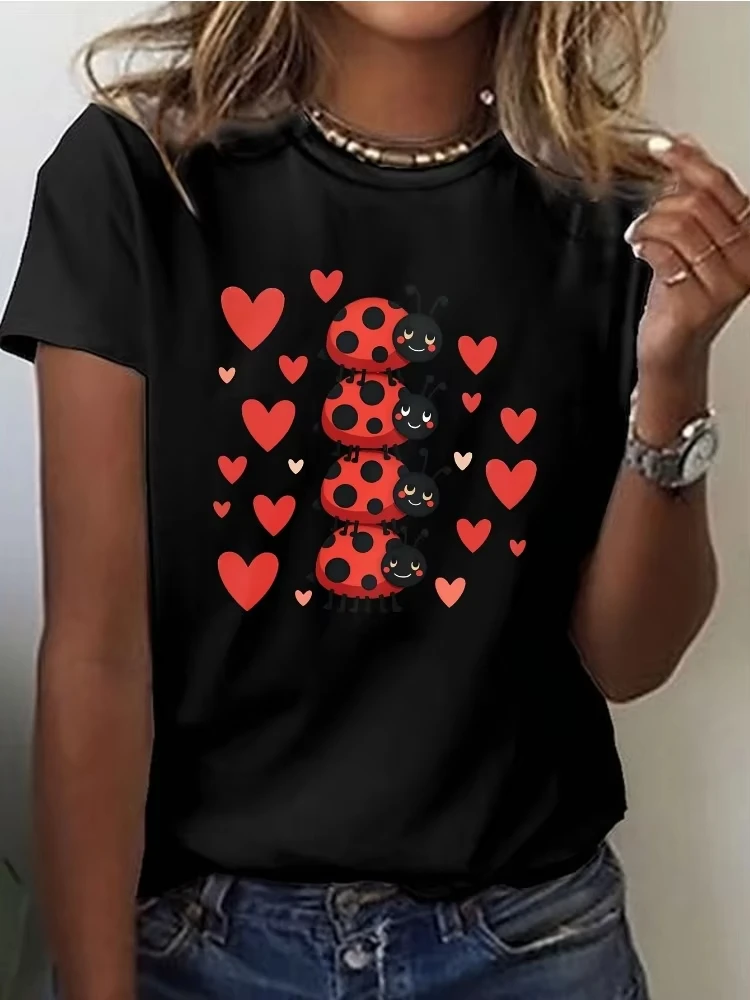 Unisex Cute Ladybug Graphic T‑Shirt Cartoon Beetle Heart Print Crew Neck Short Sleeve Casual Streetwear Tee For Men Women