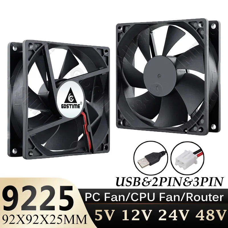 Gdstime 9225 92MM PC Fan 48V 24V 12V Cooling Fan 92x92x25MM 90MM Dual Ball/Sleeve DC 5V Brushless Axial Fan 2Pin USB Router Fan