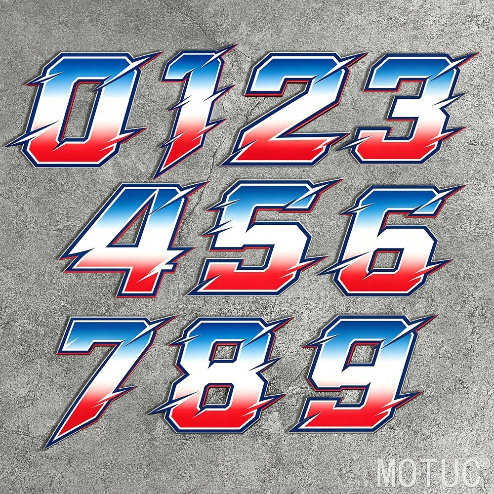 1PC Cool Blue Red Gradient Lightning Style Racing Number Decals 0-9 Waterproof Vinyl Stickers for Motorcycle Helmet Fairing Body