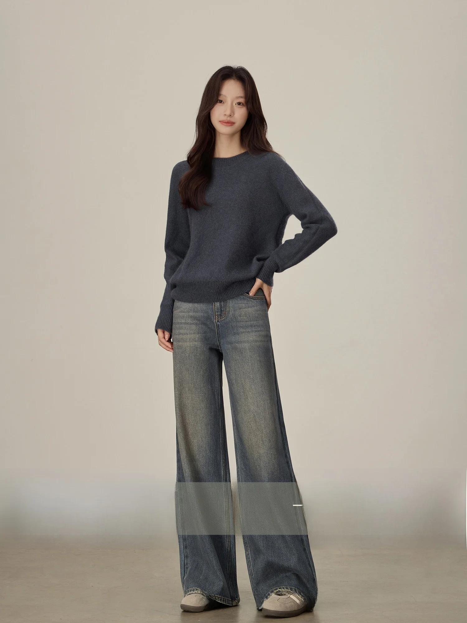 

Risen Petite Blue Waed Denim High Waist Floor-Length Women's Autumn Winter Taller Illusion Slim Straight Wide Leg Jeans
