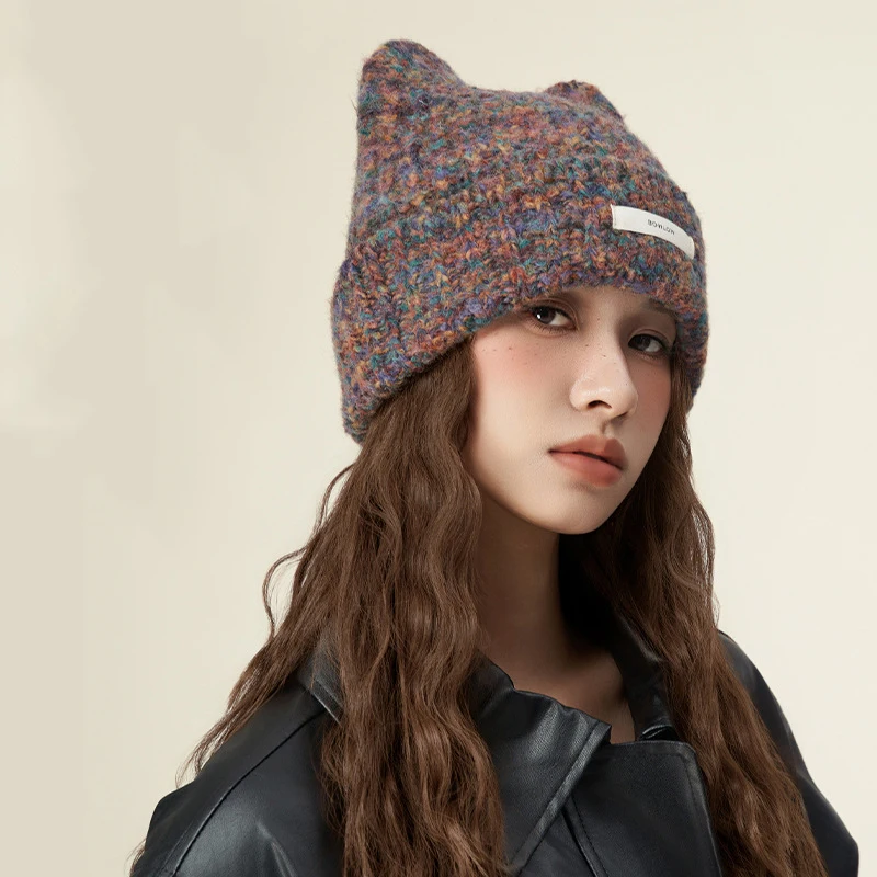 Fashion Warm Cashmere Wool Skullies Angola Rabbit Fur Winter Knitted Beanies Women Cap Female ThreeFold Ski Outdoor Hats