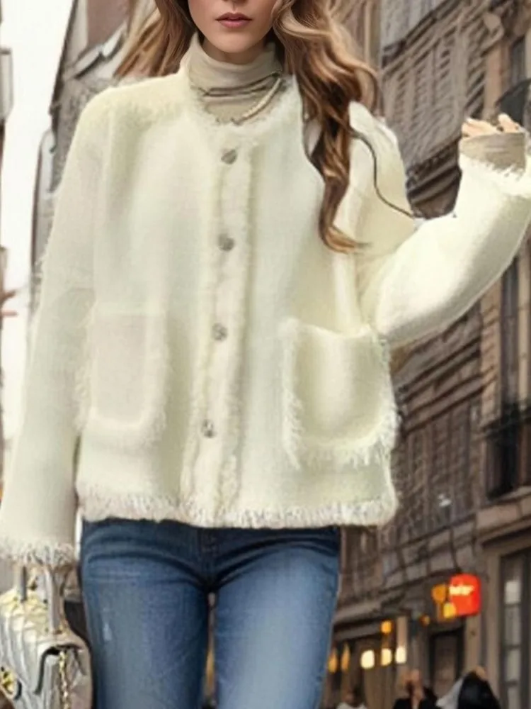 

Autumn And Winter New Skin-friendly Soft Knitted Button Cardigan Jacket Women's Elegant Round-neck Long-sleeved Solid Color Tops