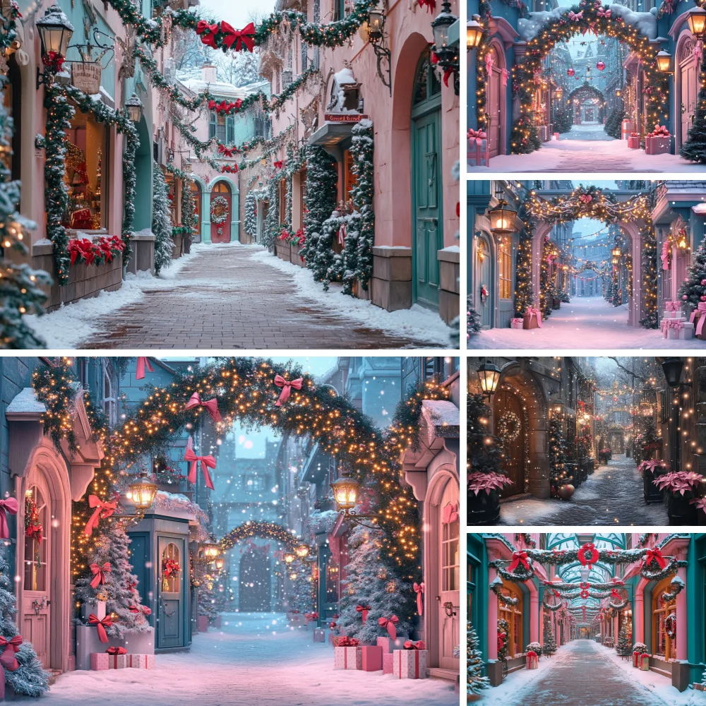

Photography Background Christmas Shop Street Glitter Snow Pink Xmas Tree Kids Family Portrait Decor Backdrop Photo Studo