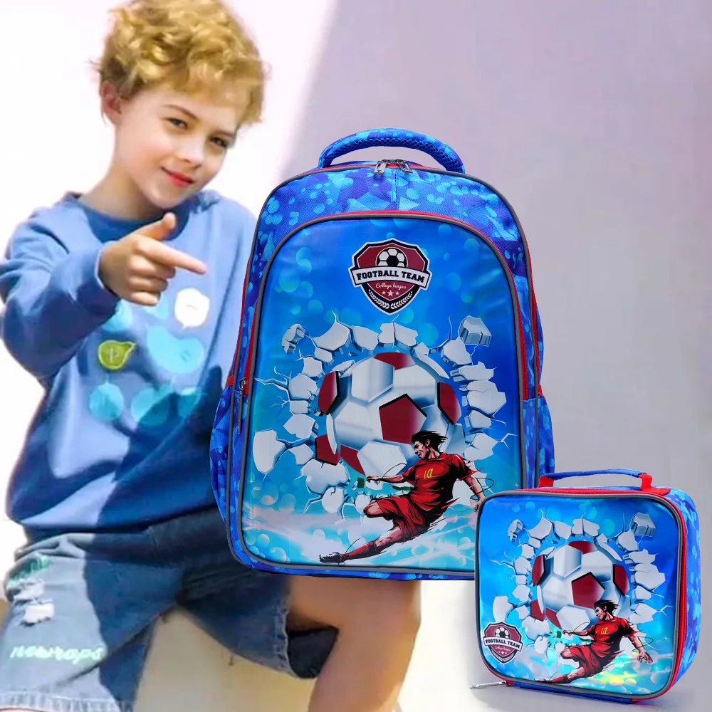 

3PCS Kids travel bag, Luggage Bag, Bookbag, With Lunch Box And Pen Bag, Cyan Cartoon Soccer patter Design, Nighttime reflective