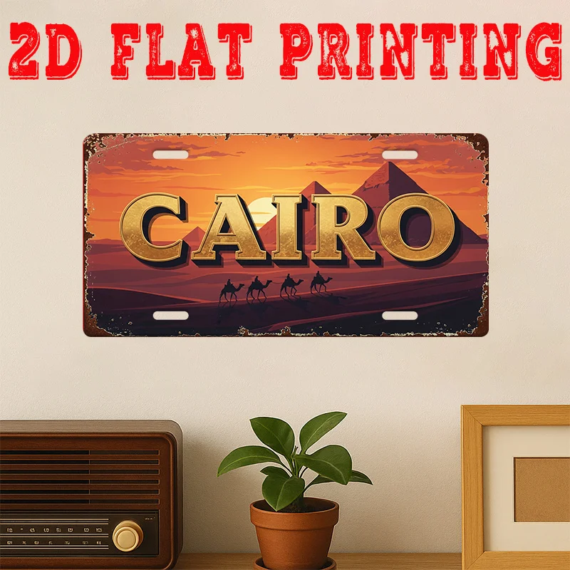 2D Flat, [Jit], 2d Flat Printing, 1pc, Vintage Metal Tin Sign, Decorative Sign (29.97 cm * 14.99 cm), Cairo City Sign, Pyramid D