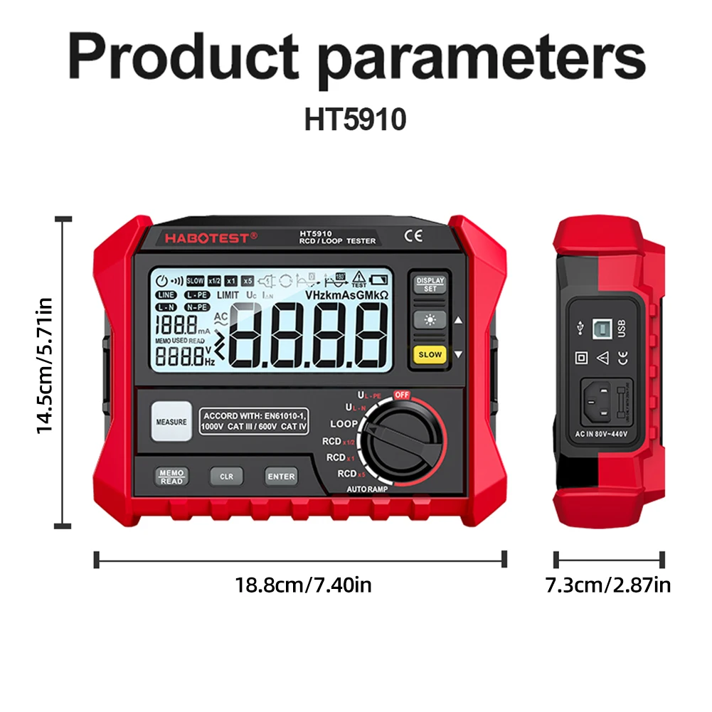 Digital Resistance Detector 4.7 Inch LCD Leakage Switch Tester Multifunctional Rcd/Loop Tester for Electrician Test Check Repair