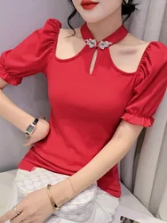 Women Short Sleeve Halter Collar T Shirts Lady Elegant Stretchy Summer Off Shoulder Tops Tees Girl Hot Sweet T-Shirt