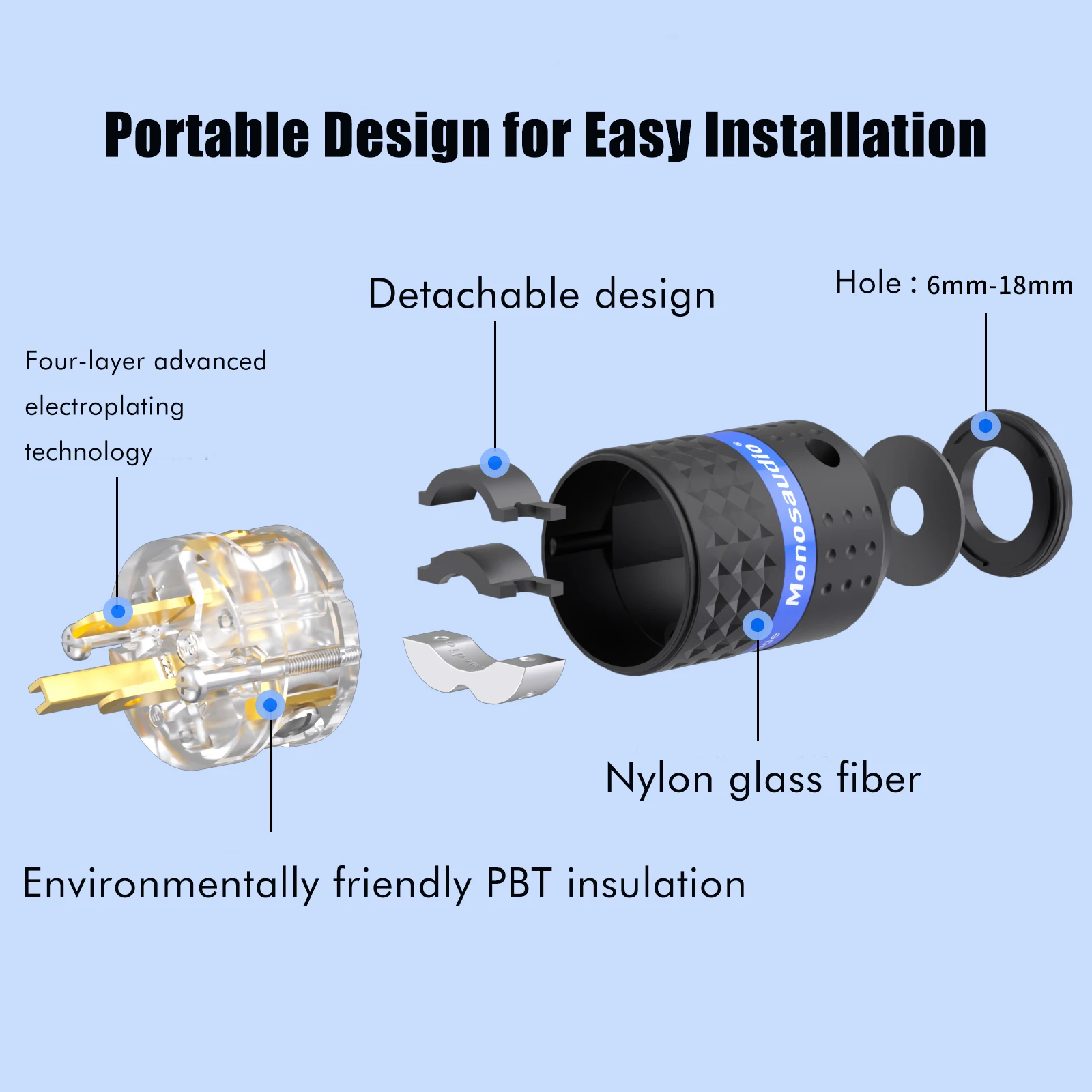 Wtyk zasilania Monosaudio z czystej miedzi E103F103, wtyczka EU, złącze IEC320 C15 do kabla zasilającego audio DIY — zdjęcie produktu 4