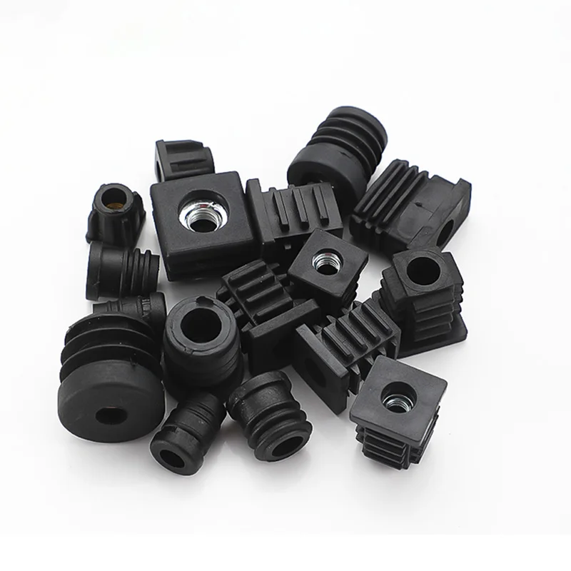 4/8pc Black Square/Round Plastic Pipe Plugs Furniture Leg Feet With M6 M8 M10 Nut Hole Tube Blanking End Inserts Caps Pipe Cover