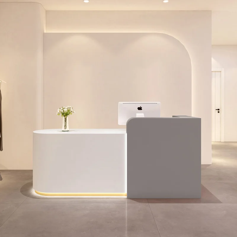 أضواء LED منحنية مكاتب الاستقبال المنظمون مكاتب الاستقبال الجمالية الحد الأدنى Mostrador De Tienda الأثاث التجاري