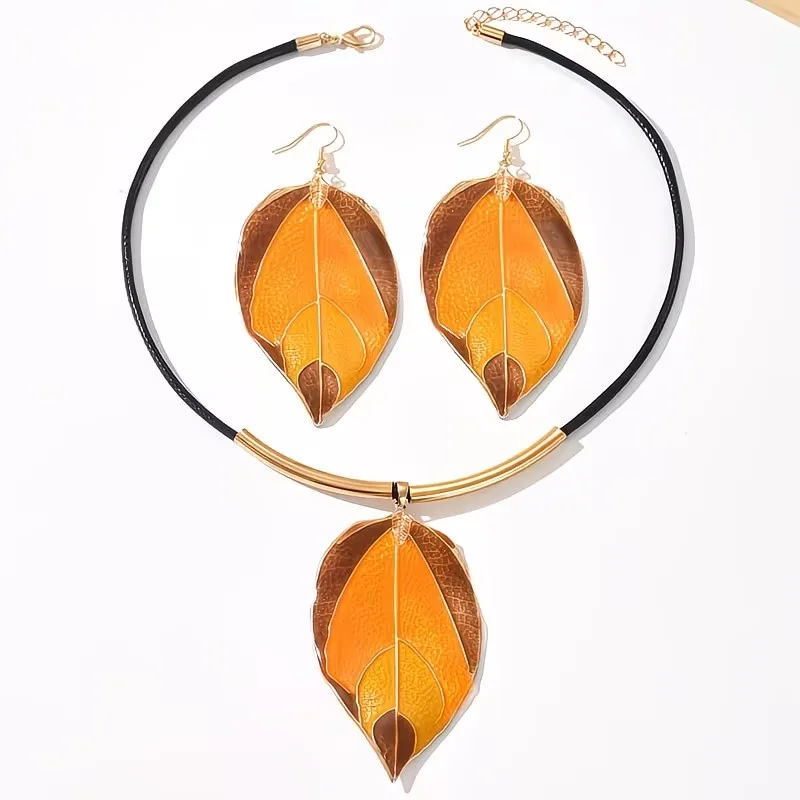 Bohemian Plated Leaf Necklace & Earrings Set