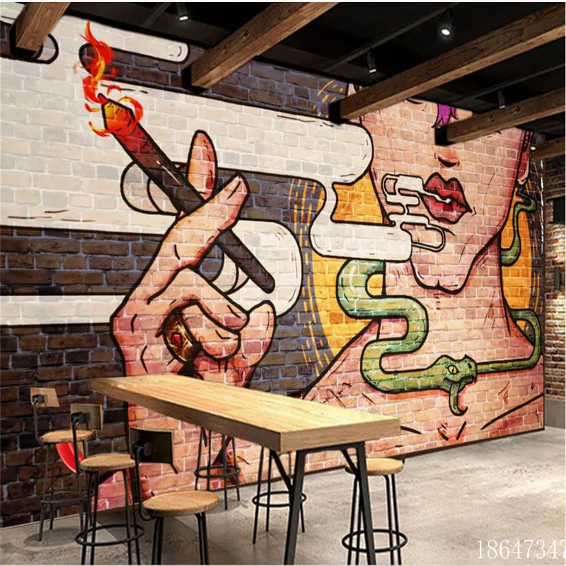 Retro Nostalgic Graffiti Brick Wall Background Abstract Wall Paper 3D Smoking Beauty Girl Bar KTV Club Decor Mural Wallpaper 3D