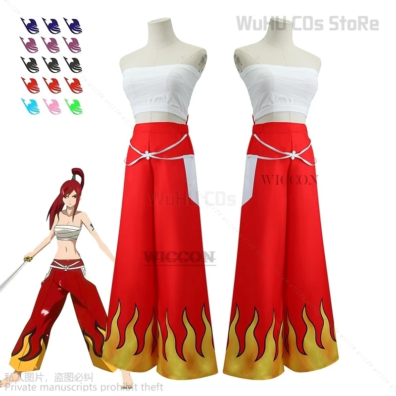 

Anime Fairy Cosplay Tail Costume Erza Scarlet Bra Japanese Unisex Uniform Halloween Party Women Wrap Chest Pants Suit wig Tattoo