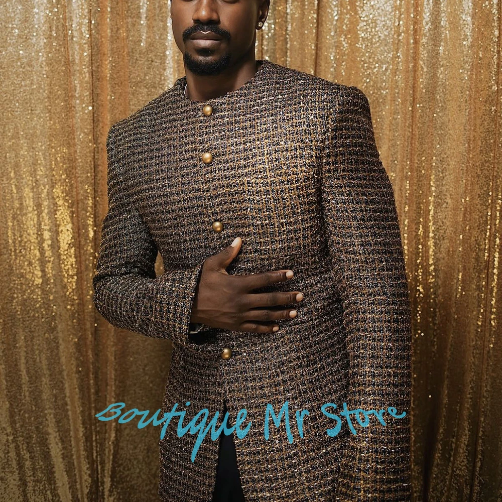 

Elegant Men's Tweed Suits Gold-Black Round Neck Single Breasted Jacket+Pants 2Piece Set Formal Luxury Evening Party Outfit