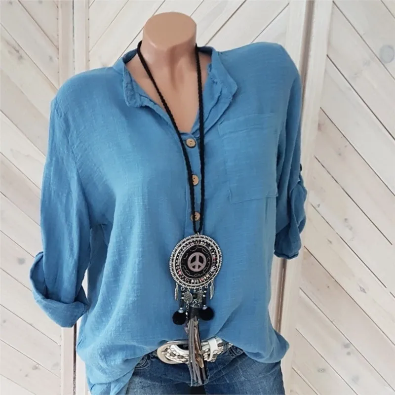 Women's solid color V-neck button pocket top with multiple colors and sizes long sleeved patchwork loose fit, new autumn shirt