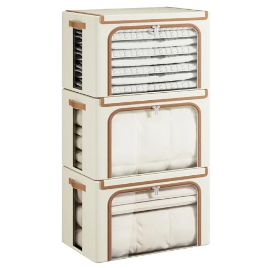 

Clothes Storage Bins with Metal Frame, Foldable Clothing Storage Bin with Lid, Stackable Oxford Fabric Organizer Box With Clear