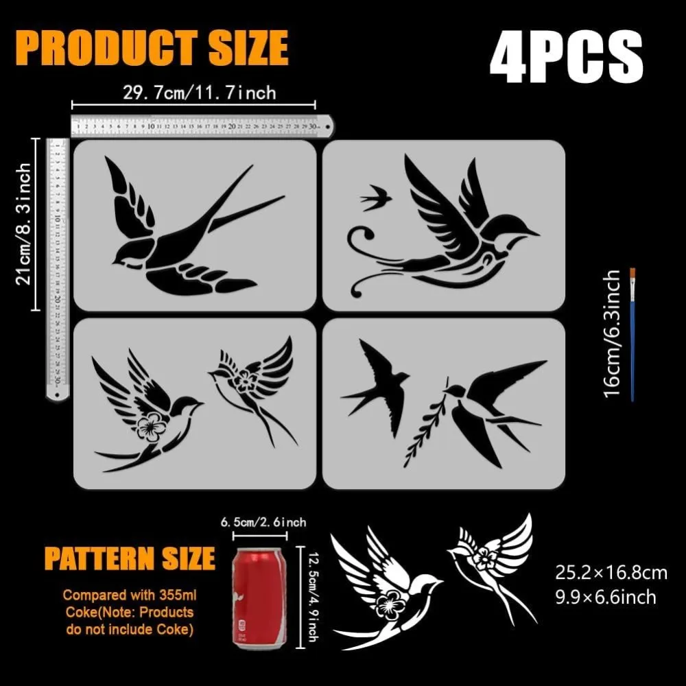 4 Pcs Swallows Stencil with a Paint Brush 4 Styles Swallows Pattern Stencil 11.7x8.3Inch Swallows Flower Stencil Swallows Willow