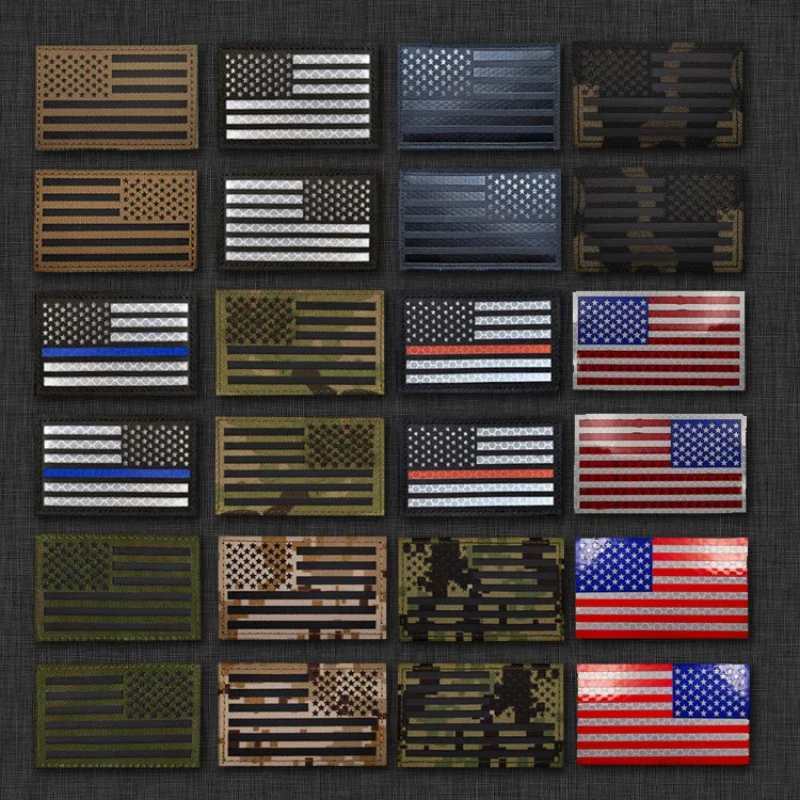 Reflective US USA Flag Patch Reversed Infrared IR United States American Tactical Military Fastener Backing Emblem