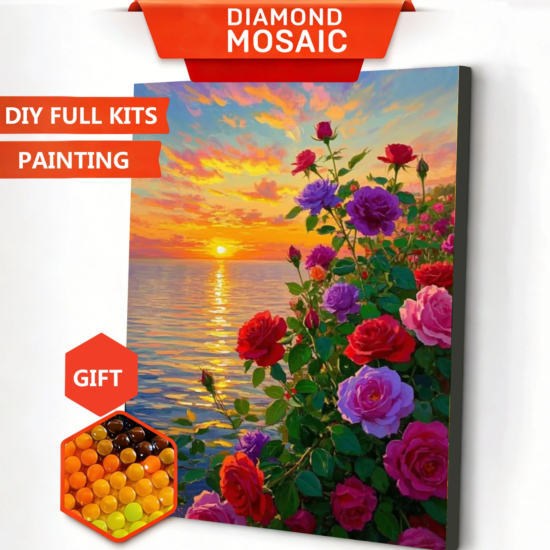 

AZQSD Diamond Art Paintings Rose Flower Picture Of Rhinestones Diamond Mosaic Sea Sunset Landscape Full Kits Handicrafts