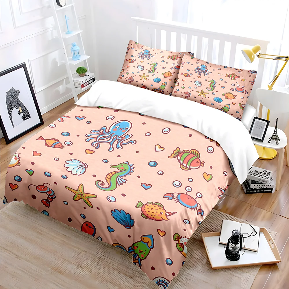 Seahorse and octopus marine elements Pattern Duvet Cover Set Digital Print Polyester Bedding with Zipper Closur for kids gifts