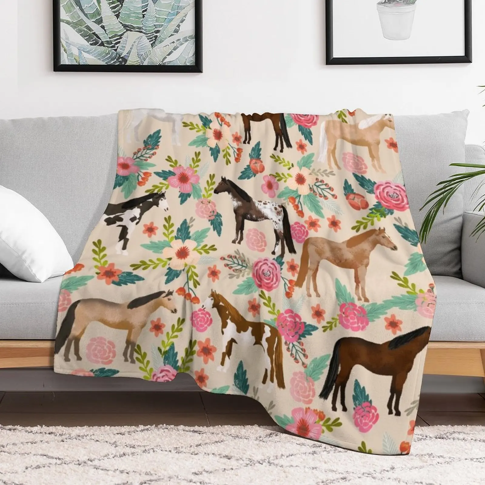 Horses floral horse breeds farm animal pets Throw Blanket Tourist manga Shaggy Blankets