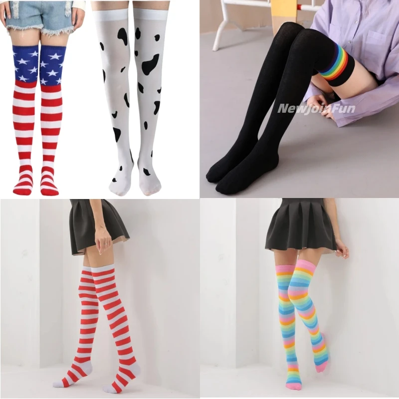 Calcetines largos por encima de la rodilla para mujer y niña, medias altas hasta el muslo, a rayas, de algodón, dulce, lindo payaso de Navidad, manchado hasta la rodilla