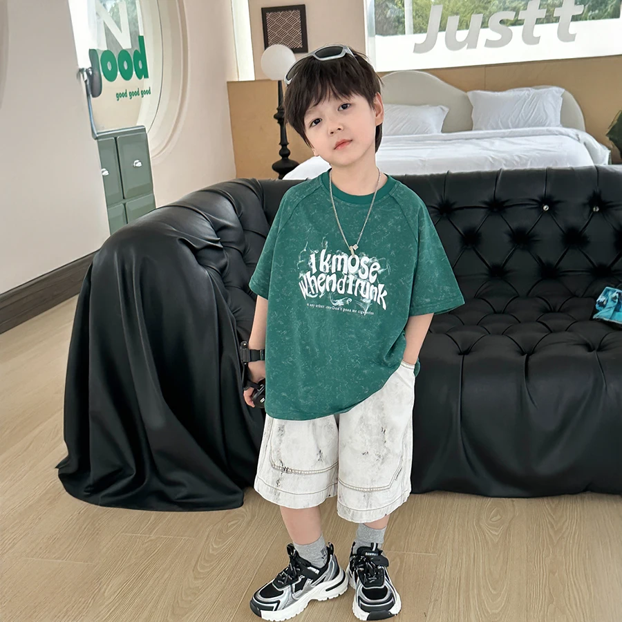 Children's t-shirt new boys 2024 summer thin children's Korean version of Snowflake short-sleeved baby air printing t-shirt