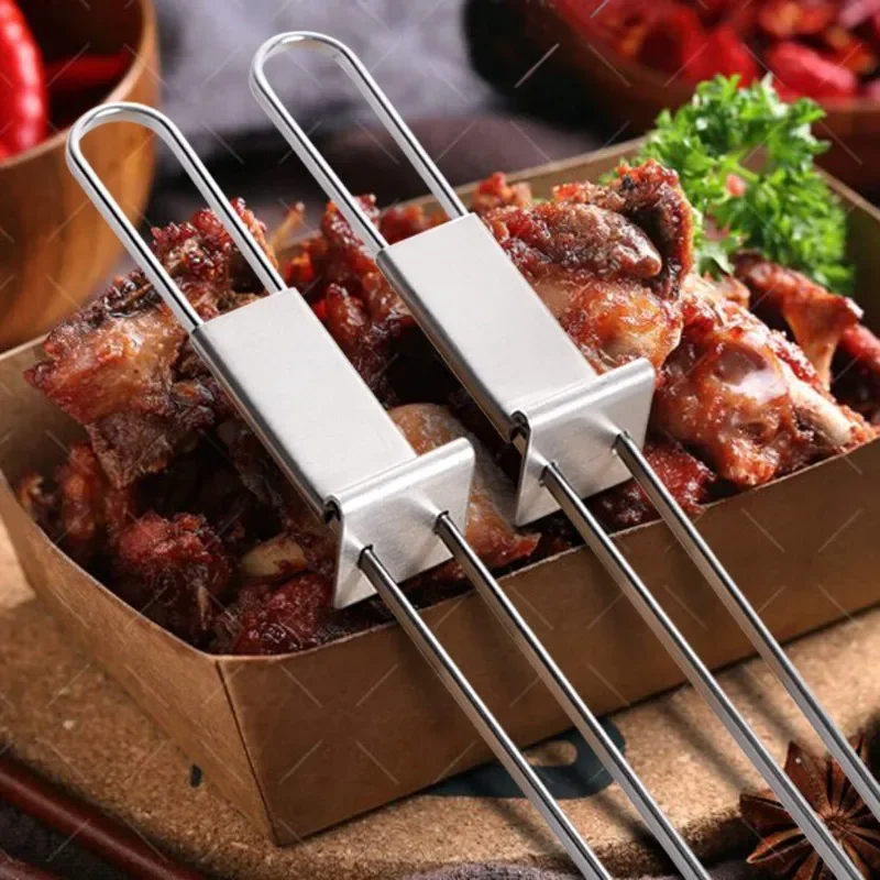Spiedini per barbecue a doppio ago in acciaio inossidabile 1pc con piastra auto spinta Forchette per barbecue Strumenti per accessori per barbecue