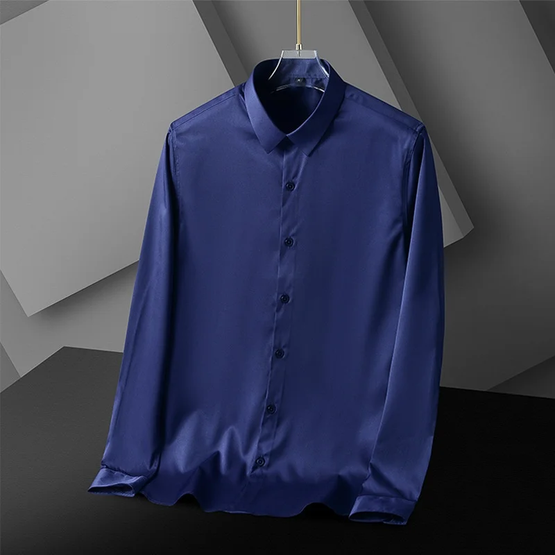 Camisa de manga comprida elástica masculina, Não engomar, Anti-rugas, Cor sólida, Lisa, Branco, Negócios, Casual, Trabalho, Social, Vestido, S-4XL