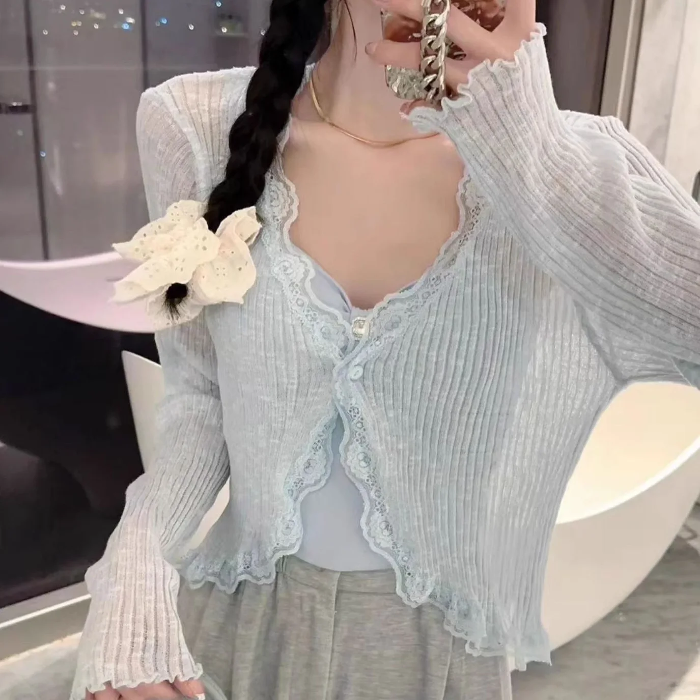 Lace V-neck Knit cardigan Sun Protection Outerwear Women Summer Shawl Outdoor Sling Cover up Ice Silk Korean Series Top