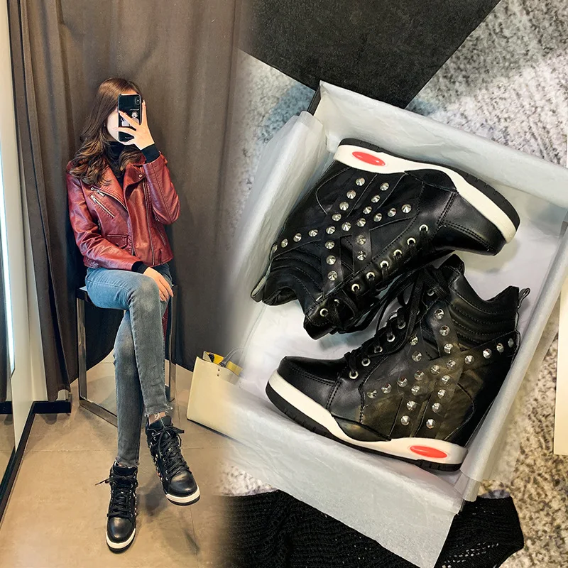 

Shoes Sneakers Platform Woman 2024 Fashion High Top Thick Sole Fabric Casual Wedge Lace-Up Cross-tied Sexy Round Toe PU Rivet Ru