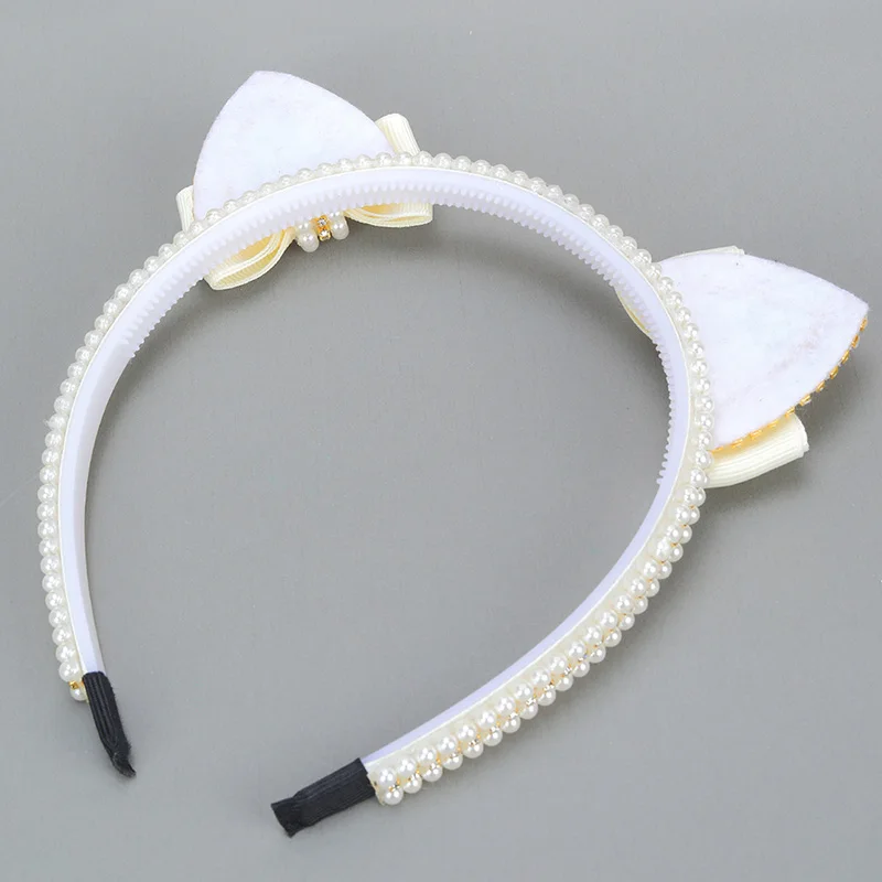 Fashion Rhinestone Headband Girls Ribbon Bow Hair Hoop Headwear Elegant Pearl Cat Ears Hairbands Kids Hair Accessories