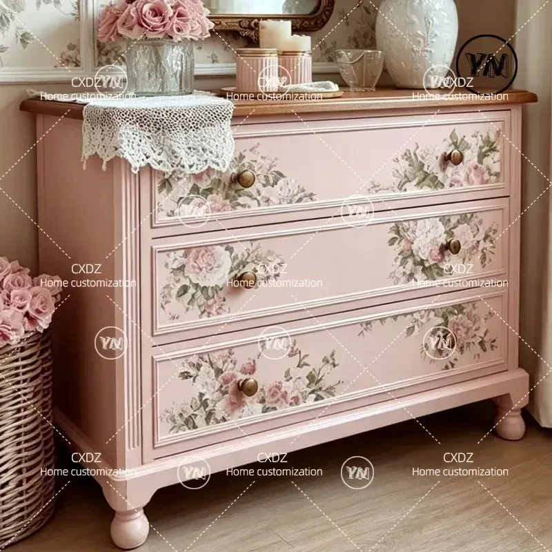Vintage Pink Rose Wooden Cabinet Medieval Painted Flower Three Drawer Storage Locker