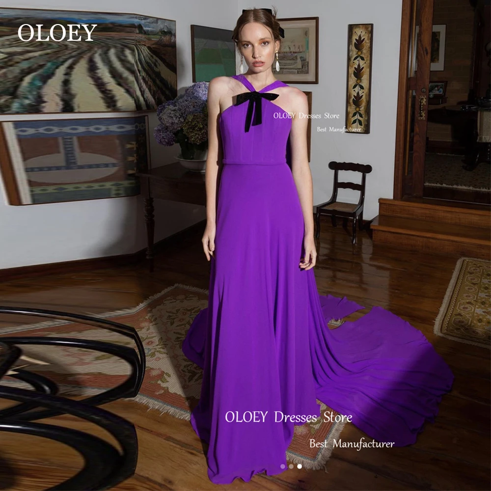 

OLOEY Purple Silk Chiffon Long Prom Dresses V Nek Black Bow Tie Sweep Train Evening Gowns Formal Party Dress Arabic Women