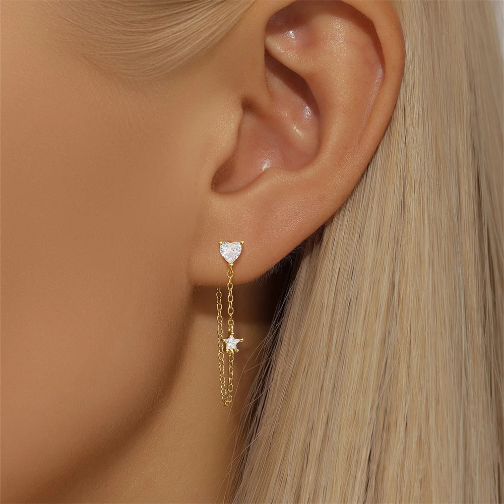 AIDE 925 Sterling Silver Gold heart star zircon tassel earrings for Women with niche design hot selling jewelry kolczyki damskie