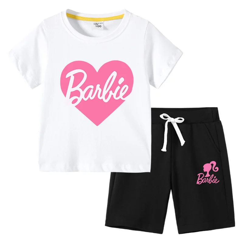 2024 Jungen Mädchen Kurzarm Shorts zweiteiliges Set Kawaii Anime Barbie Baumwolle T-Shirt Sommer weichen Rundhals ausschnitt lässig weiße T-Shirts Tops