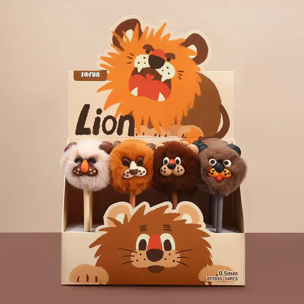 

16 Pcs with Box Lion Hairball Neutral Pen Cute Creative Three-dimensional Plush Lion Animal Hairball Fountain Student Learning