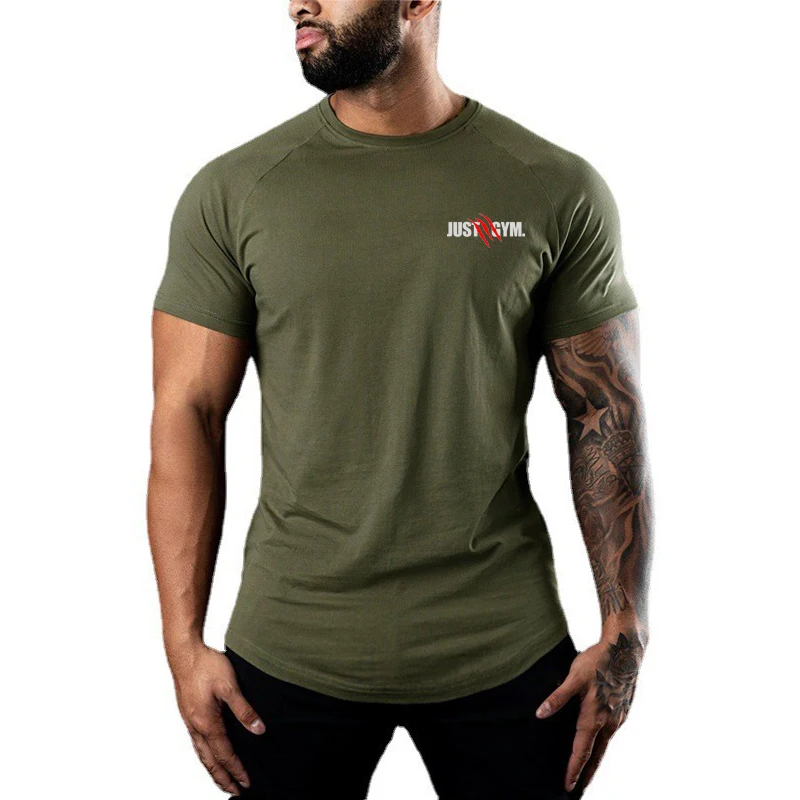New Summer Men Cotton Gym Shirt Raglan Sleeve Breathable Workout Tee Running Basketball Training Top Absorb Sweat Elastic Fitnes